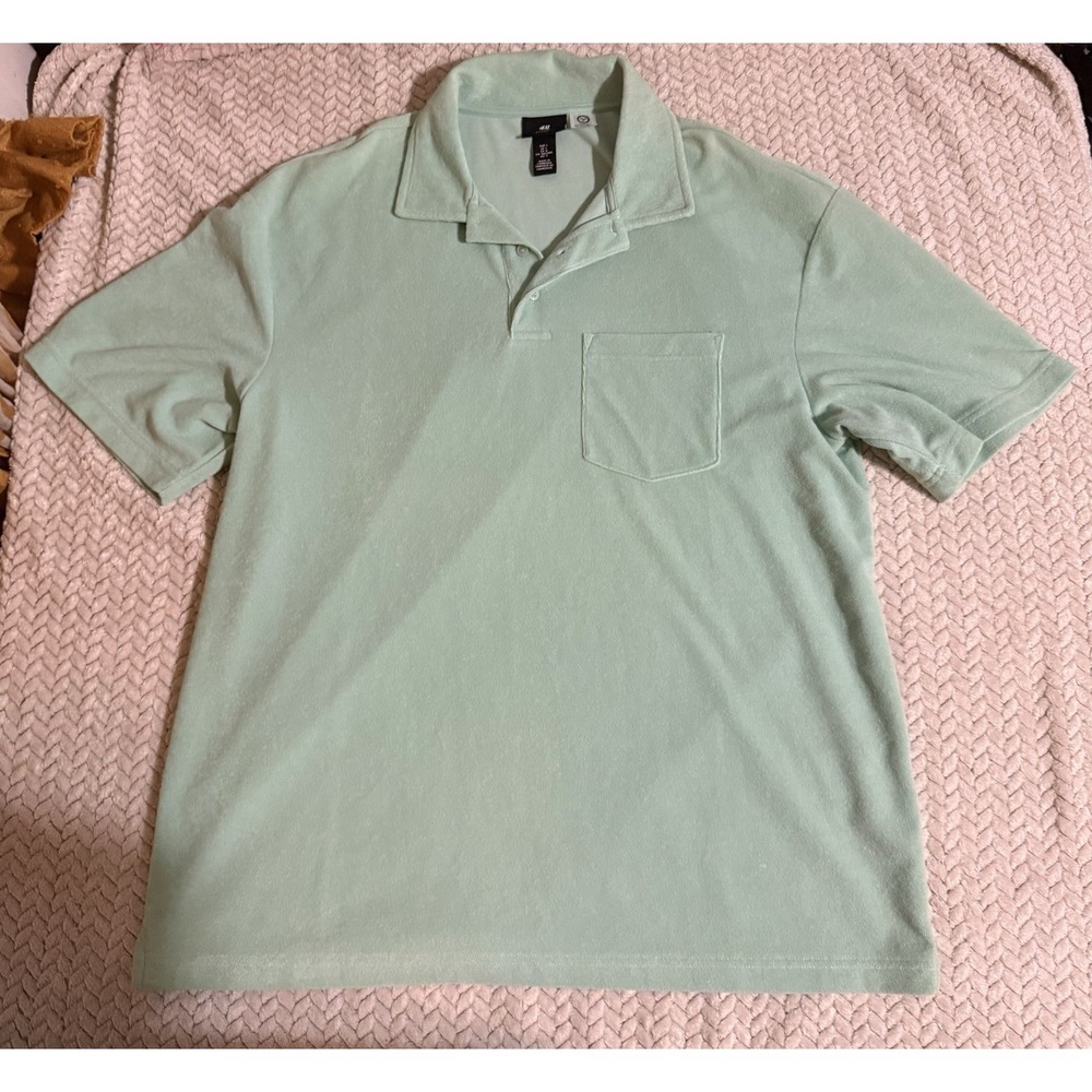 H&M Terry Solid Polo Shirt Sea Breeze Green Mint Size Large Cotton